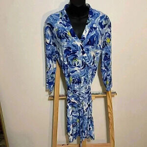 Dana Buchman Blue Floral Faux Wrap Dress with Belt Size Large